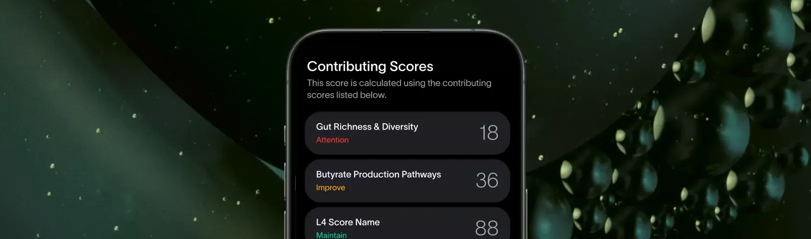 Mobile app interface showing contributing scores for butyrate production